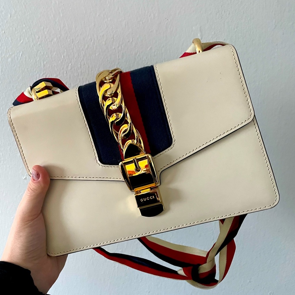 Gucci White Sylvie Bag. Red, White, Blue ribbon Mini Gucci Cross Body Bag.